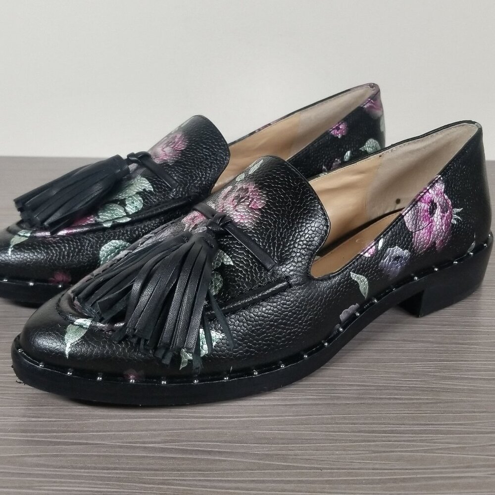 Vince Camuto Geralin Tassel Slip-on Loafer Black Floral Leather, Womens Size 5.5